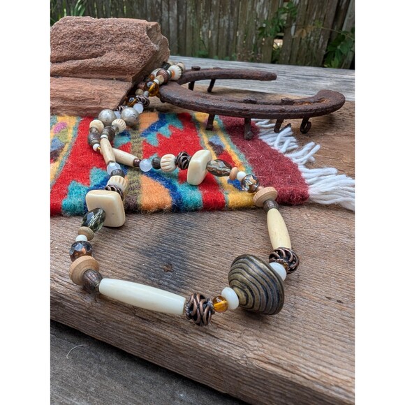 Vintage Glass, Wood & Bone Tribal Necklace, Unisex Beaded Necklace - Picture 1 of 10